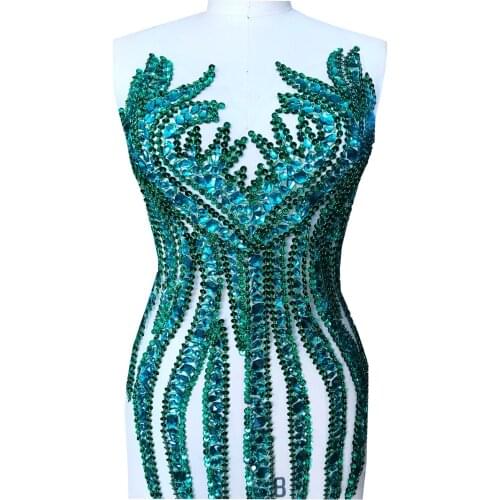 Handmade sew on rhinestones sequins dark green applique on mesh crystals trim patches 65*34cm for dress DIY accessories