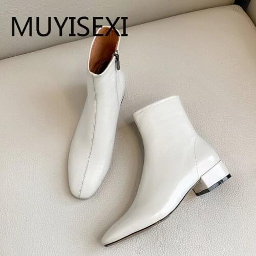 4cm Low Square Heels Ankle Boots Genuine Leather Round Toe Office Women Shoes Boots Black Beige Nude MING01 MUYISEXI