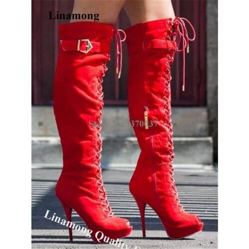 Linamong Fashion Peep Toe Suede Leather Over Knee Stiletto Heel Gladiator Boots Red Black Lace-up Long High Heel Boots Club Shoe
