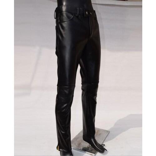 Plus size spring and autumn slim male leather pants mens leather trousers tight pant motorcycle feet pants fashion zipper black