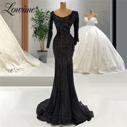 Black Mermaid Evening Dresses 2020 Beads Long Sleeve Party Gown Middle East Islamic Prom Dress Robe De Soiree Dubai Evening Wear