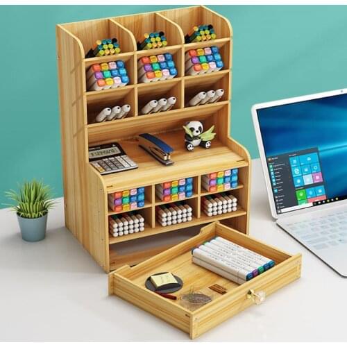 Wooden Desktop Pencil Pen Organizer Holder Stationary Storage Box School Desk Stand Case Makeup Rangement Home Office Organizer