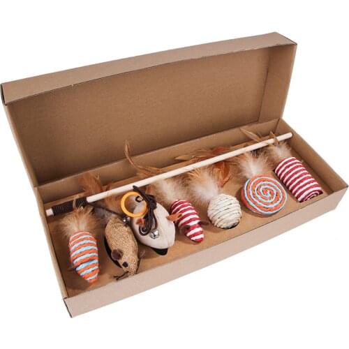 Pet Cats Toys Cat Stick Set 7-piece Set Pet Cats Interactive Play Toy Simulation Mouse Molar Feather Pet Supplies Gift For Cat