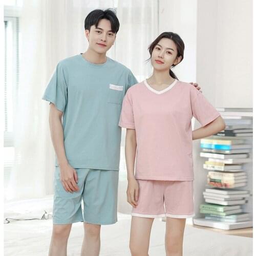 2 Piece Set Summer Pure Cotton Pajamas For Couples Casual T Shirt+Shorts Homewear Solid Soft Cotton Sleepwear Home Costumes Sets