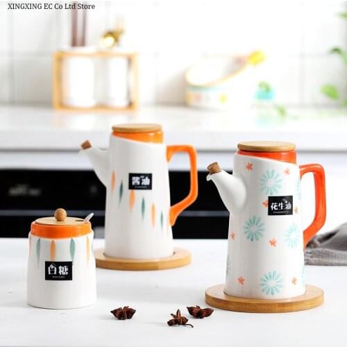 Creative Cute Ceramic Oil Pot Household 500ml Oil Bottle Bamboo Holder Handicraft Printing Pattern Simple Kitchen Supplies