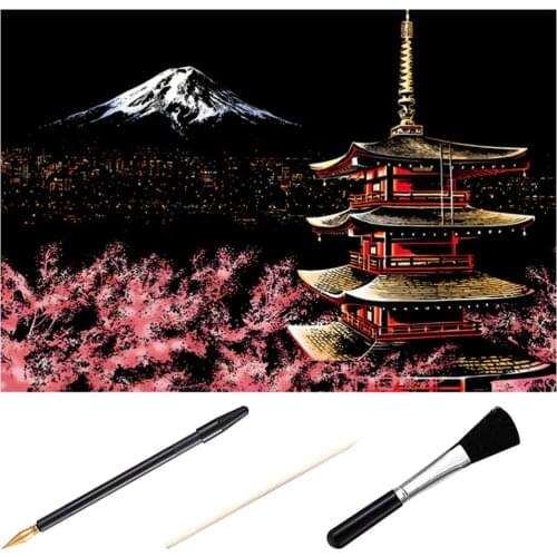 1 Set of 4pcs DIY Scratch Picture Mount Fuji Night Scene Scratching Drawing Painting Paper Scratchboard Bamboo Stick Gold-plated