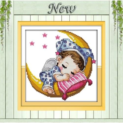 The Moon baby cute angel boy decor painting Embroidery Sets Cross Stitch DMC 14CT 11CT Counted printed on canvas Needlework kits