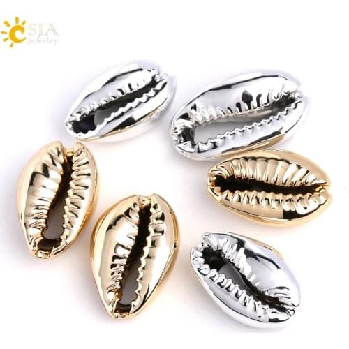 CSJA Natural Sea Kauri Cowrie Shell Beads for Jewelry Making Gold Silver Color Conch Puka Cowry Charms Metal Bead Jewellery S427