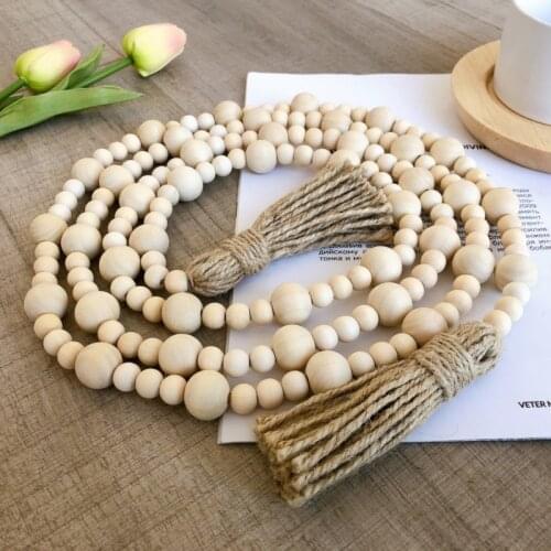 Nordic Wood Bead Garland with Tassels Farmhouse Beads Rustic Country Decor Kid Room Wall Hanging Ornament Home Decor