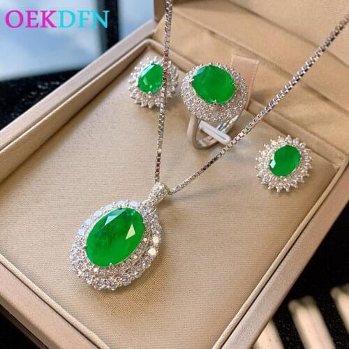 OEKDFN 100% 925 Sterling Silver Jewelry Set for Women Vintage Emerald diamond Anniversary Party Necklace/Earrings/Ring Sets