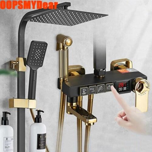 Smart Thermostatic Shower System Bathroom LED Digital Shower Set Wall Mount Stainless Steel Square Head Bath Faucet Hot Cold Mix