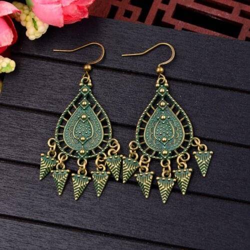 DOUVEI Vintage Triangle&Water Carved Drop Earrings Verdigris Bohemian Statement Dangle Earrings For Women Oorbellen HQE1055