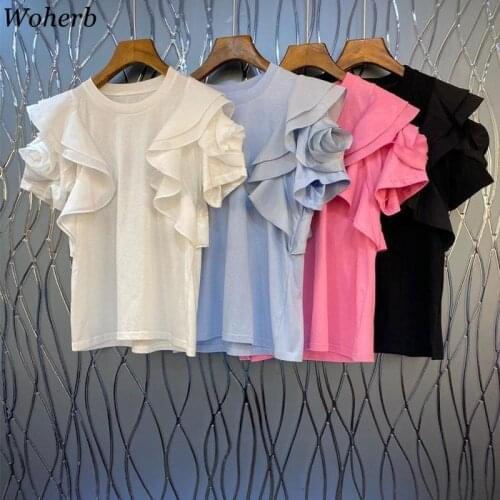 Woherb 2021 Korean Fashion Clothes T-shirt Summer Ruffles Short Sleeve Women T Shirts Ladies All Match Casual Tshirt Elegant Tee