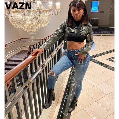 VAZN 2020 New Designer High-end Green Leather Outwears Unusual Sexy Club Young Full Sleeve Women Slim Short Outwears