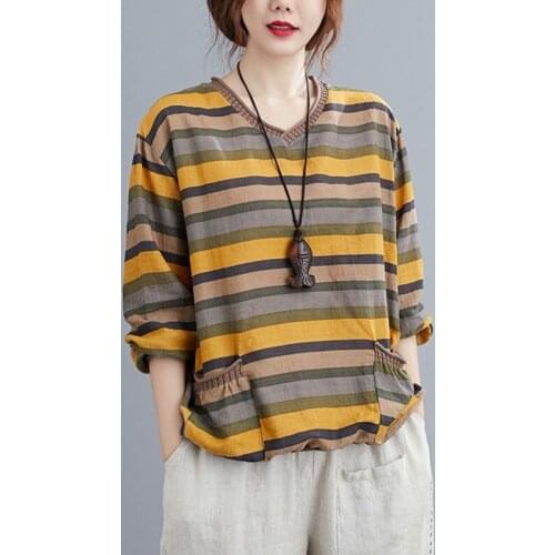 Women Cotton Linen Long Sleeve T-shirts New 2021 Autumn Simple Style Vintage V-neck Striped Female Loose Casual Tops Tees