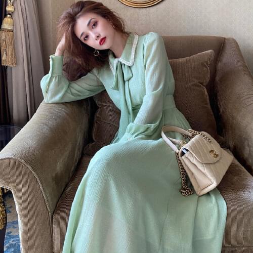 Women Korean Style French Retro Dress Women Casual Ruffled Collar Long Sleeve Vintage Bow Solid Fairy Chic Party One-Piece Dress