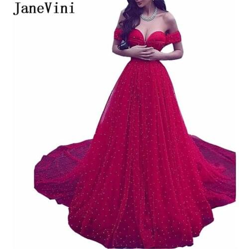 JaneVini Muslim Red Long Evening Dresses A Line 2020 Off Shoulder Tulle Pearls Backless Saudi Arabic Women Sexy Long Dinner Gown