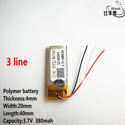 10pcs/lot 3 line Good Qulity 3.7V,380mAH,402040 Polymer lithium ion / Li-ion battery for TOY,POWER BANK,GPS,mp3,mp4