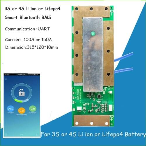 3S or 4S Li ion Smart Bluetooth BMS and 12V Lifepo4 Battery intelligent PCB board with UART communication 100A to 150A discharge