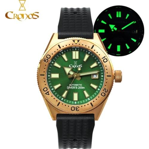 Cronos ILW Mens Diver Watch Bronze CUSN8 Automatic Watch NH35 Rotate Bezel Waffle Sapphire Glass Mechanical Watches