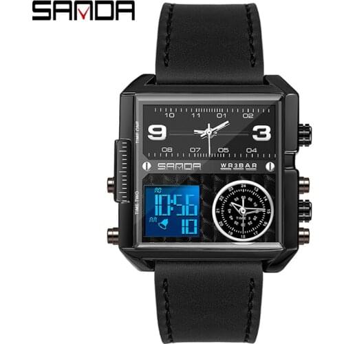 SANDA Man Digital Watches LED Electronic Quartz Wristwatches Multifunction Shockproof Men Outdoor Sport Watches Genuine Leather