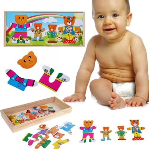 1 Set Montessori Wood Animal Jigsaw Board Educational Bear Changing Clothes Wooden Puzzle Toys Good Gifts for Kids
