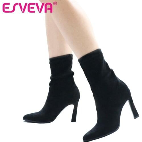 ESVEVA 2020 Ankle Boots Winter Warm Women Motorcycle Boots Female Flock+ Stretch Fabric Fashion Shoes Long Boots Big Size 34-43