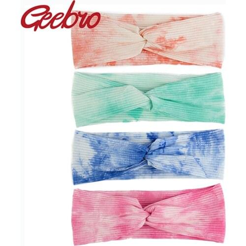 Geebro New Rainbow Tie Dye Ribbed Headbands For Women Soft Summer Cotton Stretch Cross Hair Bands Head Wrap For Ladies Girls