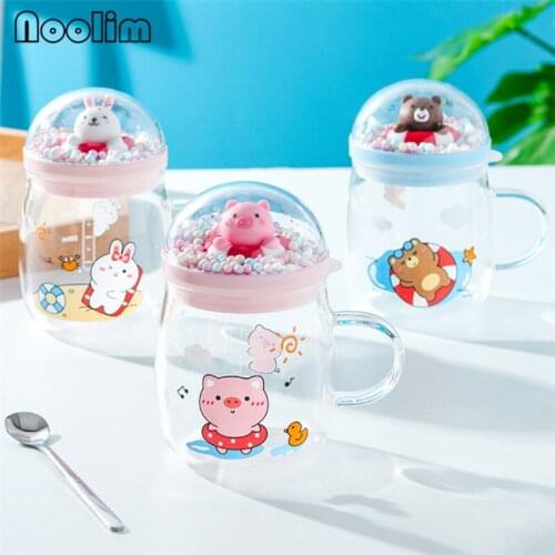 Nordic Cartoon Cute Animal Micro Landscape Glass Coffee Mug with Lid and Spoon Office Heat Resistant Tea Cup Drinkware 450ML