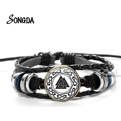 Viking Valknut Leather Bracelet Nordic Runes Vintage Slavic Norway Symbol High Quality Glass Round Gems Wristband Bangle