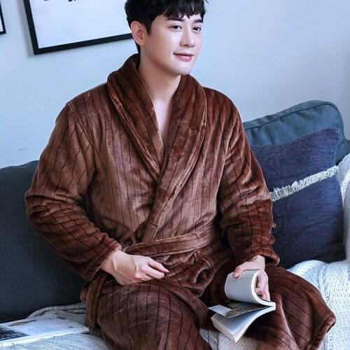 H5960 Men Thickened Robe Coral Velvet Autumn Winter Bathrobe Nightgown Flannel Plus Size Household Clothes Long Sleeve Nightwear