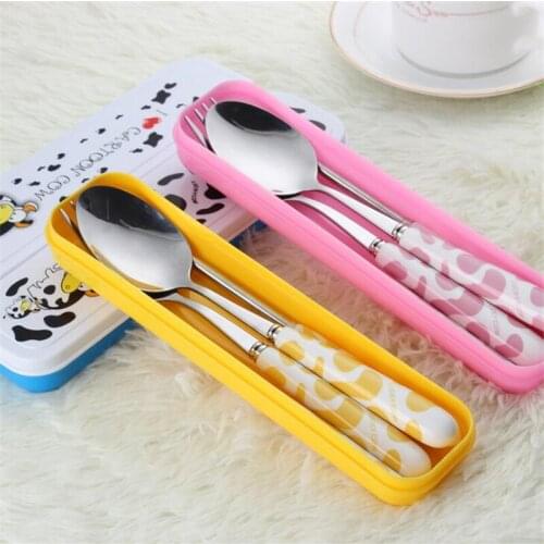 Baby Kids Cute Fork Spoon Cutlery Set Cartoon Ceramic Handle Stainless Steel Children Chopsticks Fork Cutlery Portable Tableware