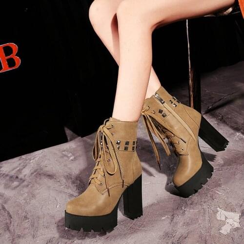 2021 New Square High Heel Knight Boots Ladies Fashion Fall Winter Lace Buckle Boots Side Zipper Waterproof Platform Women Shoes
