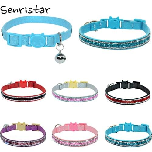 Bling Rhinestone Bell Pet Cat Collar For Small Cat Soft Safe Adjustable Kitten Cat Buckle Collar Diamond Cat Necklace Pink S
