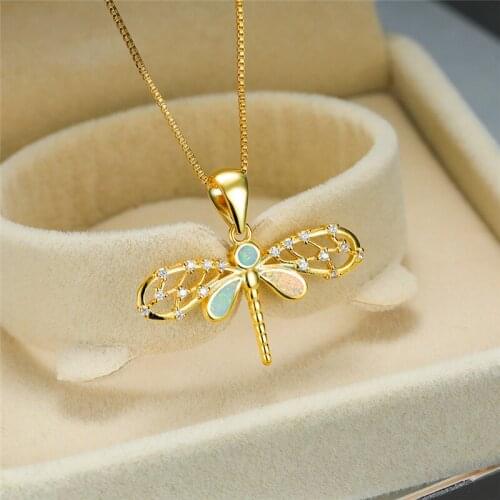 Cute Animal Dragonfly Pendant Necklace White Blue Opal Wedding Necklace Charm Zircon Gold Silver Color Chain Necklaces For Women