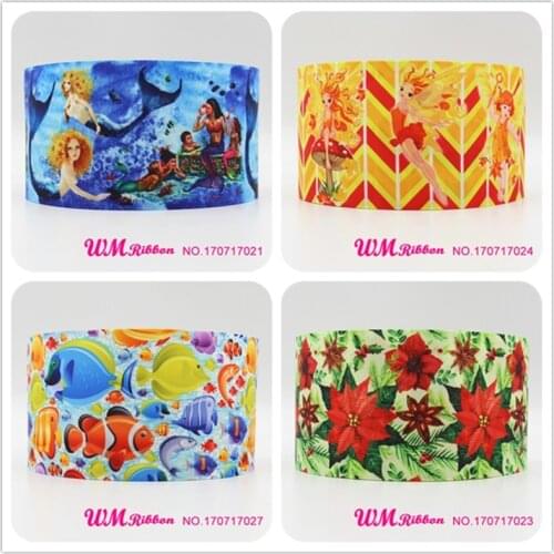 Q&N ribbon 3inch 75mm fish mermaid cartoon printed grosgrain ribbon webbing 50yards/roll for headband free shipping
