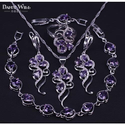 Luxury Romantic Necklace Earrings Ring Bracelet Rings Jewelry Sets leaf pendant silver color Purple CZ Bridal Jewelry