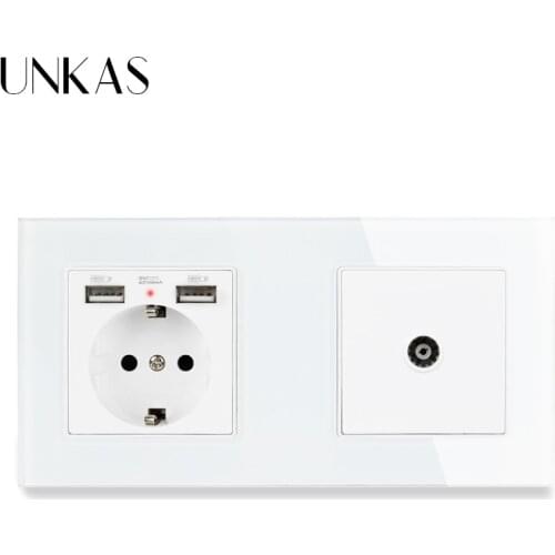 UNKAS Black Crystal Glass Panel EU Standard Electric Socket with 2 USB + Female TV Connector 172*86mm Enchufe Pared USB
