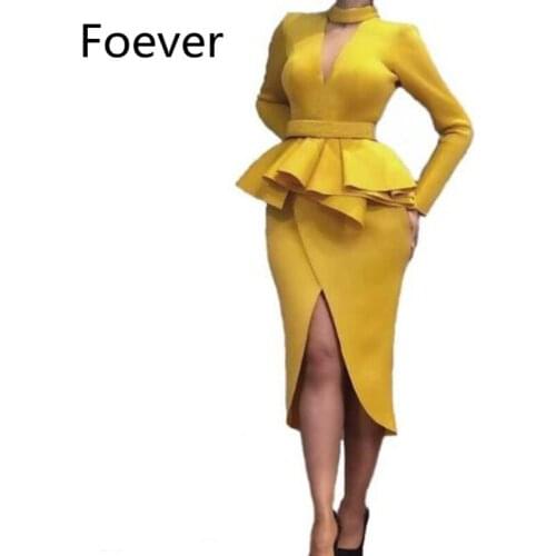 Satin Tea Length Sexy Open Bust High Leg Slit High Neck Long Sleeve Gold Evening Dress Short 2019