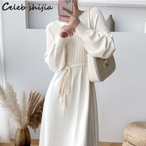 Chic Elegant Woman Woolen Dress Lace Up Autumn 2021 O-neck Long Sweater Dress Female Vestido Winter High Waisted Knitwear OL