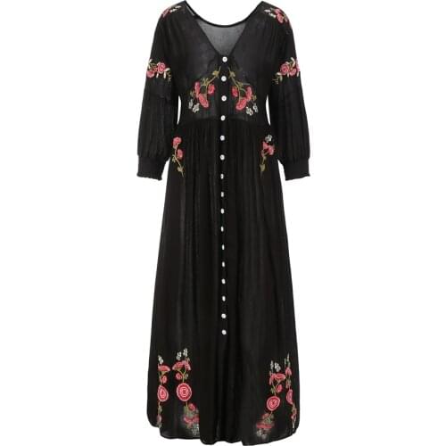 TEELYNN black Boho long dress 2019 autumn Floral Embroidery sexy v-neck loose waist hippie Dresses Casual Women dress vestidos
