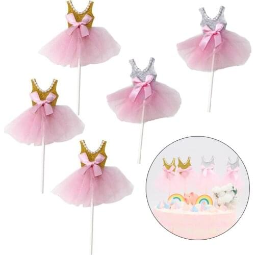 5Pcs Girls Birthday Cupcake Topper Gold Ballerina Skirt Cake Picks Princess Tutus Dress Cake Toppers Wedding Party Decoration