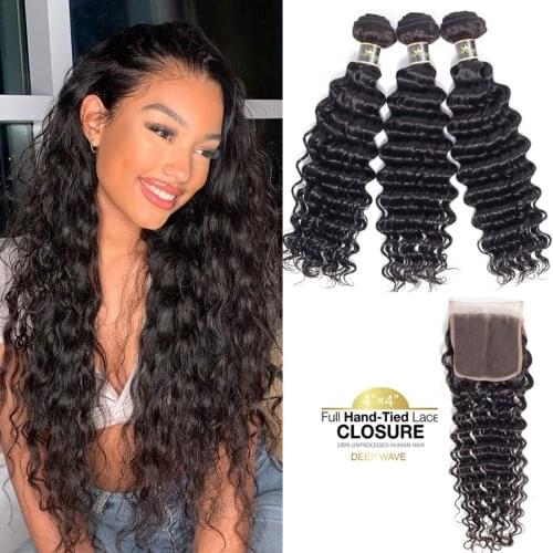 Deep Wave Bundles With Closure Brazilian Human Hair Bundles With 4*4 Lace Closure With Human Hair Wave Dorisy Remy Hair