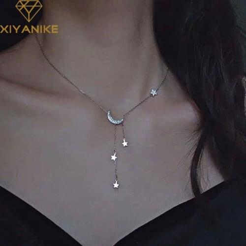 XIYANIKE 925 Sterling Silver New Fashion Moon Star Tassel Crystal Necklace for Women Couples Personality Jewelry Party Gifts