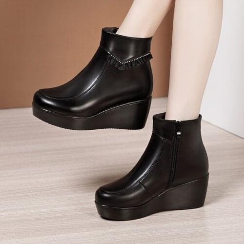 Plus Size 32-43 Platform Boots Women Shoes Medium Heels 2021 Fall Winter Wedges Boots Black Plush Ankle Boots Mother Shoe