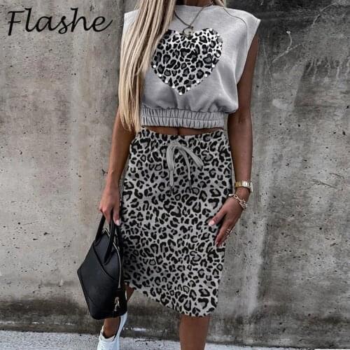 Lady Office Elegant Skirt Suits Summer Fashion Sleeveless Tops and Casual Drawstring Skirts Outfits Women Print Two Piece Sets