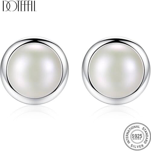 DOTEFFIL Earrings Genuine Natural Freshwater Pearl Inlay 925 Sterling Silver Stud Pearl Earrings For Women Wedding/Party Gift