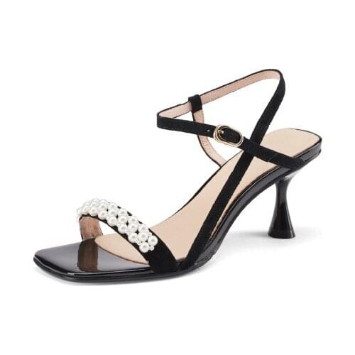 2021 Summer Up To Date Black Fashion Casual Genuine Leather High Heels Pearl Flat Non-slip Wear-resistant Womens Shoes