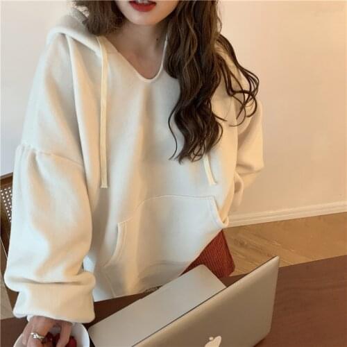 Women Winter Oversize Thicken Beige Hoodies Drawstring V Neck Fleece Sweatshirt Casual Pullovers Jackets