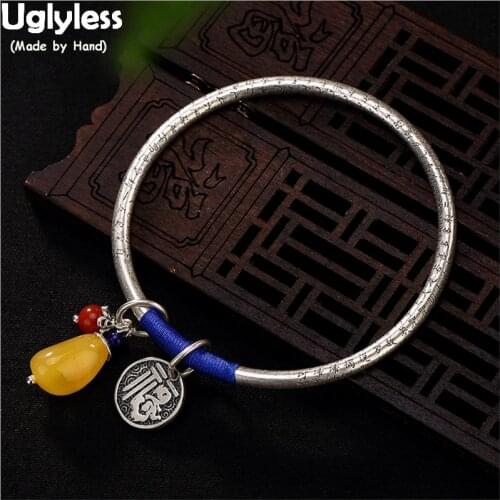 Uglyless 56-62MM Diameter Close Bangles for Women Natural Amber Charms Bracelets Solid 99% Full Silver Heart Sutra Bangle Ethnic